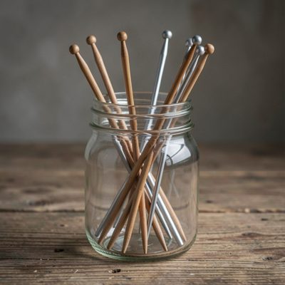 a set of knitting needles in a jar
