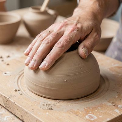 a pottery hand build being smoothed