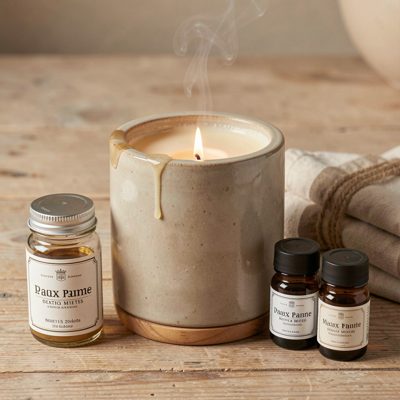 a wax melter with fragrance bottles beside