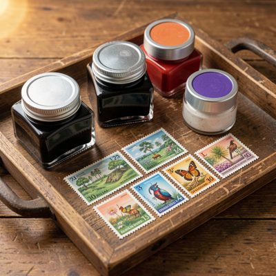 a set of stamps and ink pads on a tray