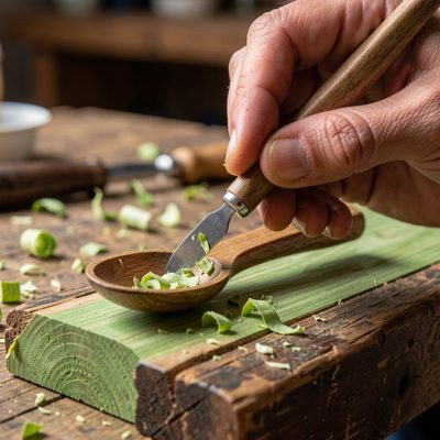 a hand carving a spoon from green wood