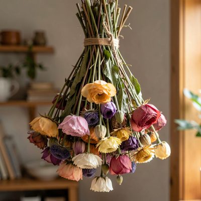a bundle of dried flowers hanging to dry