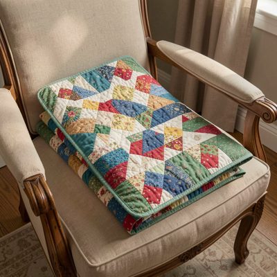 a finished quilt folded on a chair