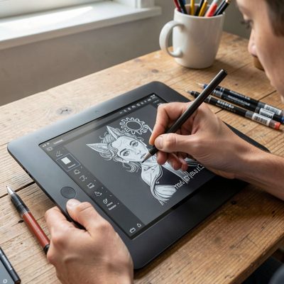 an illustrator drawing on a graphics tablet