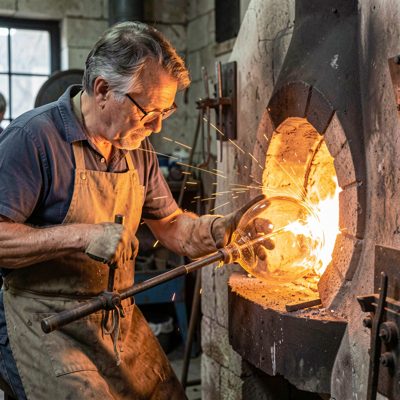 a glassblower shaping molten glass at a furnace