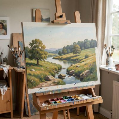 an easel with a half finished landscape painting