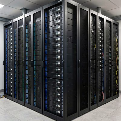 a full height server rack with every unit filled