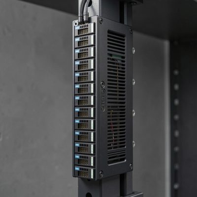 a vertical rack pdu mounted down the rear post