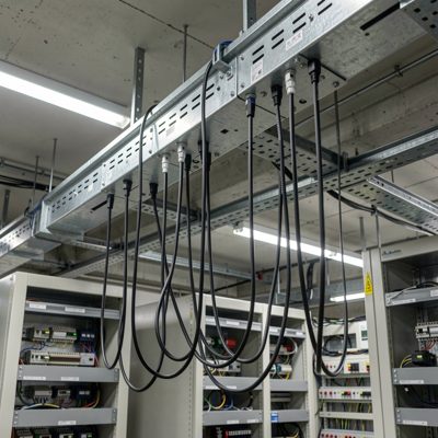an overhead busway with drop cords feeding racks below