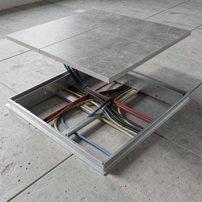 a raised floor tile lifted to show the cabling underneath