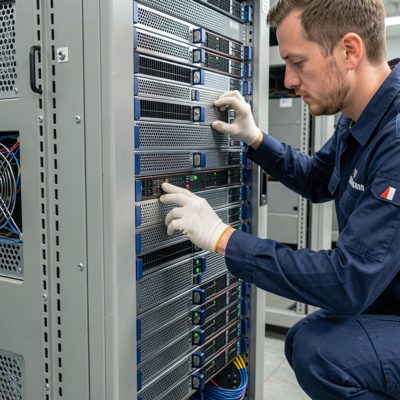 a bare metal server being racked by a technician