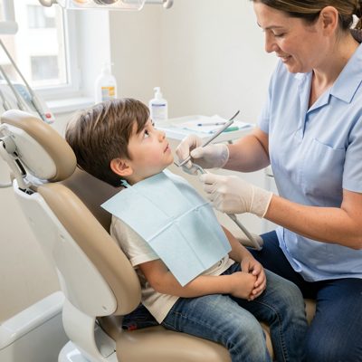 a child in a dental chair with a parent nearby