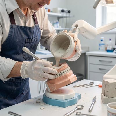 dental lab worker pouring plaster from a cast model