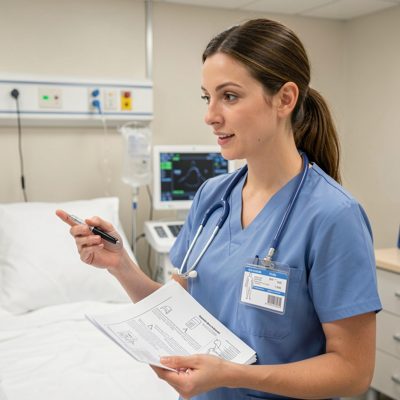 nurse explaining post-operative care instructions clearly