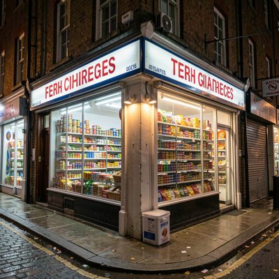 a corner shop lit up at night