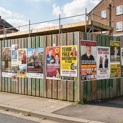 a construction hoarding layered with posters
