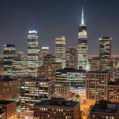 a skyline at night with lit office windows