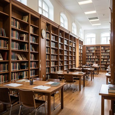 a university library with tall shelves and reading tables