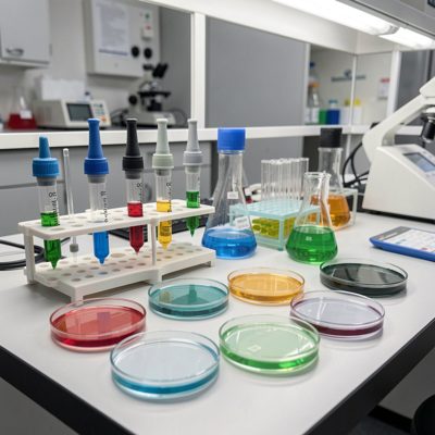 lab bench with pipettes and petri dishes