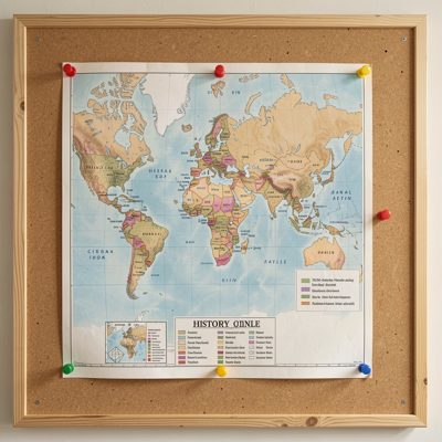 history timeline map pinned to bulletin board