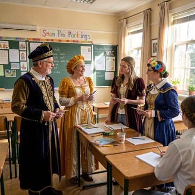 english class role-play set up with costumes