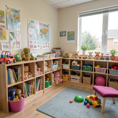 special education therapy room sensory toys arranged
