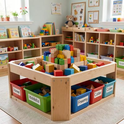 early childhood block center with labeled bins shown