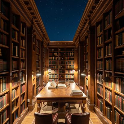 nightscape view of library stacks illuminated by reading lights