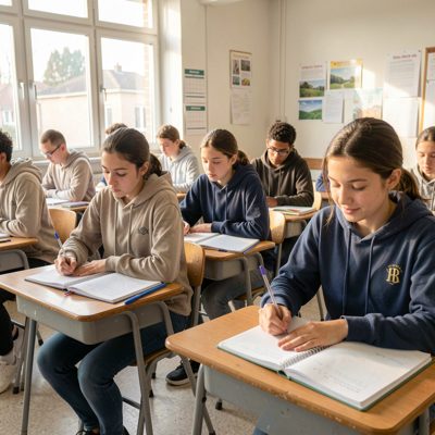 morning class students writing notes in notebooks at desks