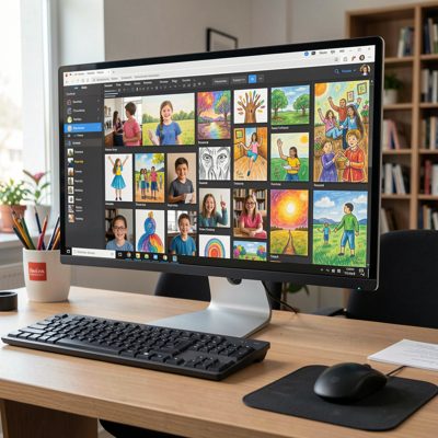 computer suite monitor array showcasing student digital art