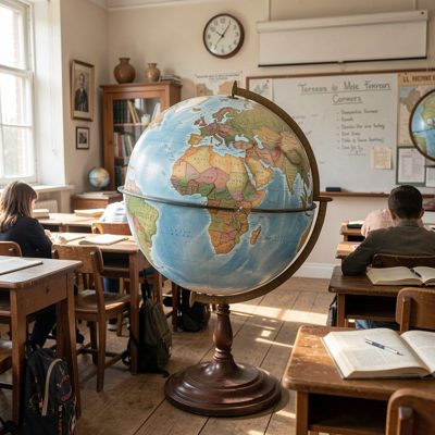 history classroom globe centered on world map spotlights region