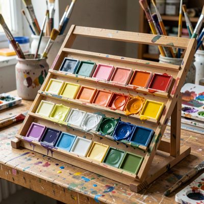 art studio palette rack holding assorted paint color samples