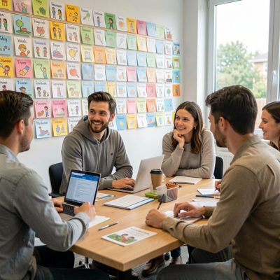 a language class with flashcards on a wall