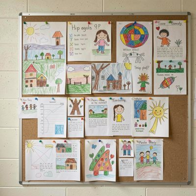 a bulletin board covered in student work