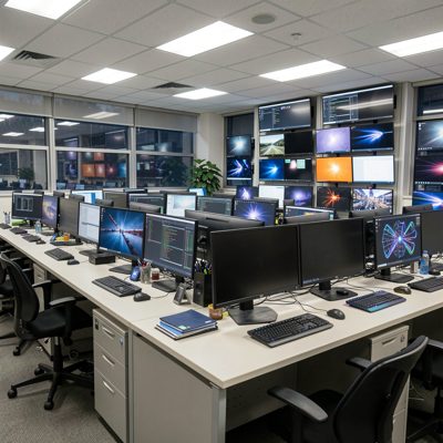 a computer suite with rows of monitors