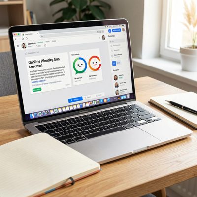 an online lesson on a laptop with a notebook beside