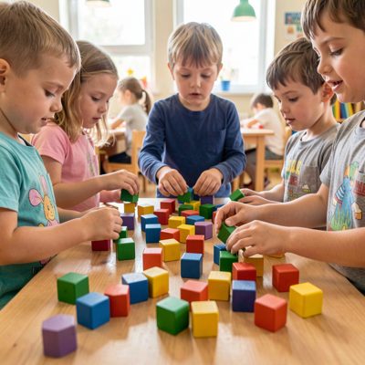 children sorting colored blocks in group