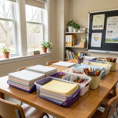writing center with pencils paper trays