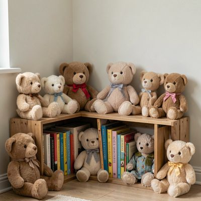 quiet corner with stuffed animals books