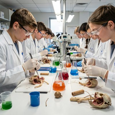students dissecting specimens in a biology lab