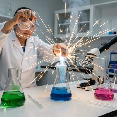 science demonstration showing chemical reaction sparks