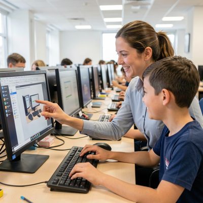 computer suite teacher guiding student through software