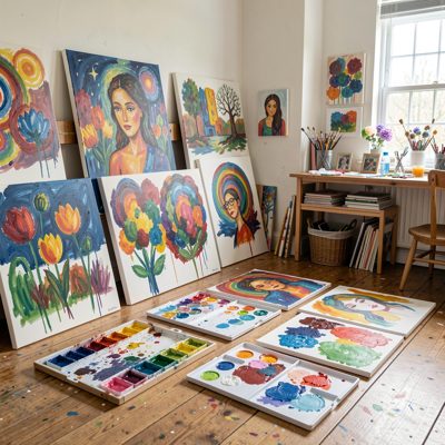 art therapy room canvases and paint palettes spread