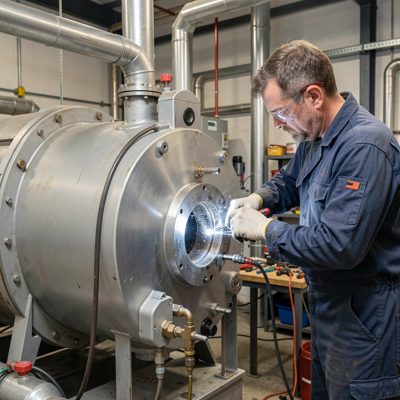 a boiler being serviced by an engineer