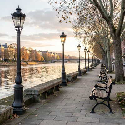 a riverside walk with lamps and benches