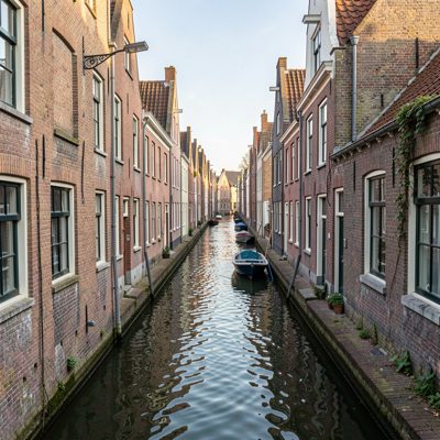 a canal with narrow houses on either side
