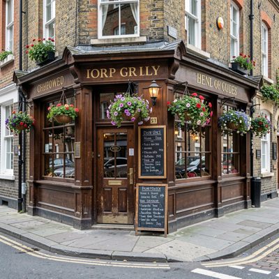 a pub on a corner with hanging baskets