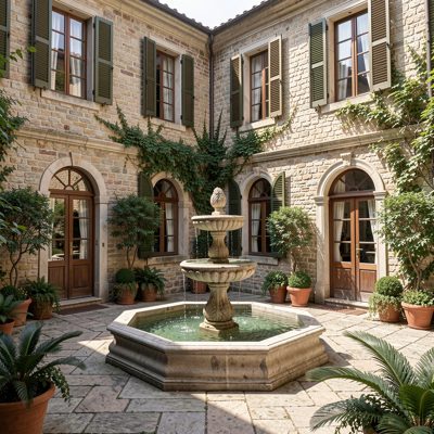 a courtyard with a fountain and shuttered windows