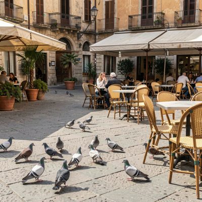 a piazza with cafe chairs and pigeons