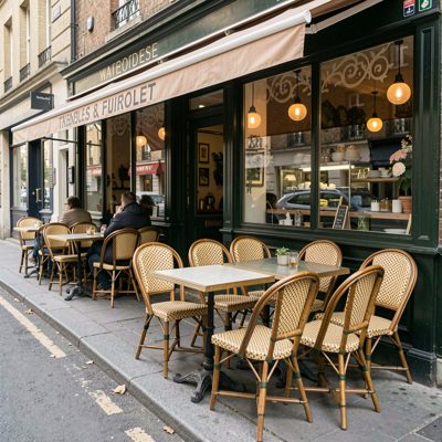 a street cafe with wicker chairs facing outward
